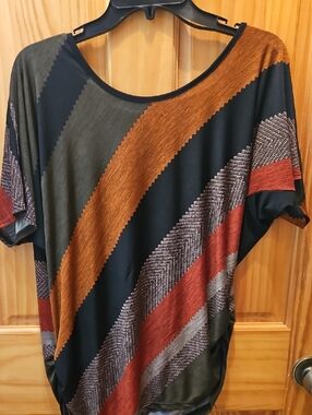 Lavish Black Top with Rust, Olive & Gray Diagonal Stripes